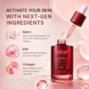 Bottle of Xiran EGF NAD Firming Serum with a dropper, highlighting NAD+, EGF, and Collagen benefits for skin rejuvenation against a pink background.