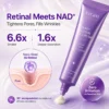 Promotional image of a NAD+ retinal eye cream by Xiran Skincare with purple packaging, highlighting benefits like anti-wrinkle, pore tightening, and deep absorption.