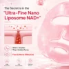 A promotional image showcasing Ultra-Fine Nano Liposome NAD+, highlighting deep absorption, high bioavailability, and clinical efficacy with a pink liposome mask and scientific diagram.