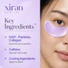 Close-up of a woman's face with a purple eye patch under one eye, alongside text highlighting skincare ingredients like NAD+, peptides, collagen, caffeine, and cooling agents.