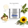 Xiran Volufiline Super A Peptide Wrinkle-Reducing Cream surrounded by its key ingredients: jojoba, sunflower, cocoa butter, and Volufiline.