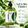 Bottle of anti-dandruff tea tree oil shampoo on a stone surface with green leaf design in a natural-themed background, promoting smooth, shiny, and easy-to-comb hair.