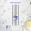 Anti-wrinkle serum oil bottle with molecular model and dropper displaying golden oil. 'Better absorption' text in the background.
