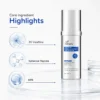 A beauty product advertisement highlighting ingredients like 3% Volufiline, spherical peptide, and HPR with a peptide firming serum bottle.