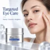A close-up of a woman applying eye cream under her eye, with a jar of plumping and firming eye cream displayed in the foreground.
