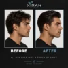 Side-by-side comparison showing a man’s hairstyle before and after using Xiran Skincare product. The 'before' side shows untamed hair, while the 'after' side reveals a sleek, styled look with a glossy finish.