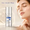 Promotional image featuring a peptide firming serum bottle with elegant packaging and a serene model with glowing skin.