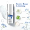 Peptide firming serum bottle surrounded by ingredients like sea fennel, chlorella, and bifida with text highlighting barrier repair and soothing properties.