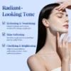 A woman with smooth, radiant skin touching her face, illustrating hydration, skin-softening, and brightening benefits listed alongside text.