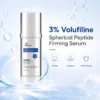 White bottle of XIRAN 3% Volufiline Spherical Peptide Firming Serum placed on a watery reflective surface with molecular graphics in the background.