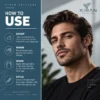 A promotional image from Xiran Skincare featuring a man with styled hair. Includes step-by-step instructions for using gel pomade.