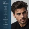 Close-up of a man with styled hair and beard, alongside Xiran Skincare branding and product features including all-day hold, easy washout, masculine scent, and suitability for all hair types.