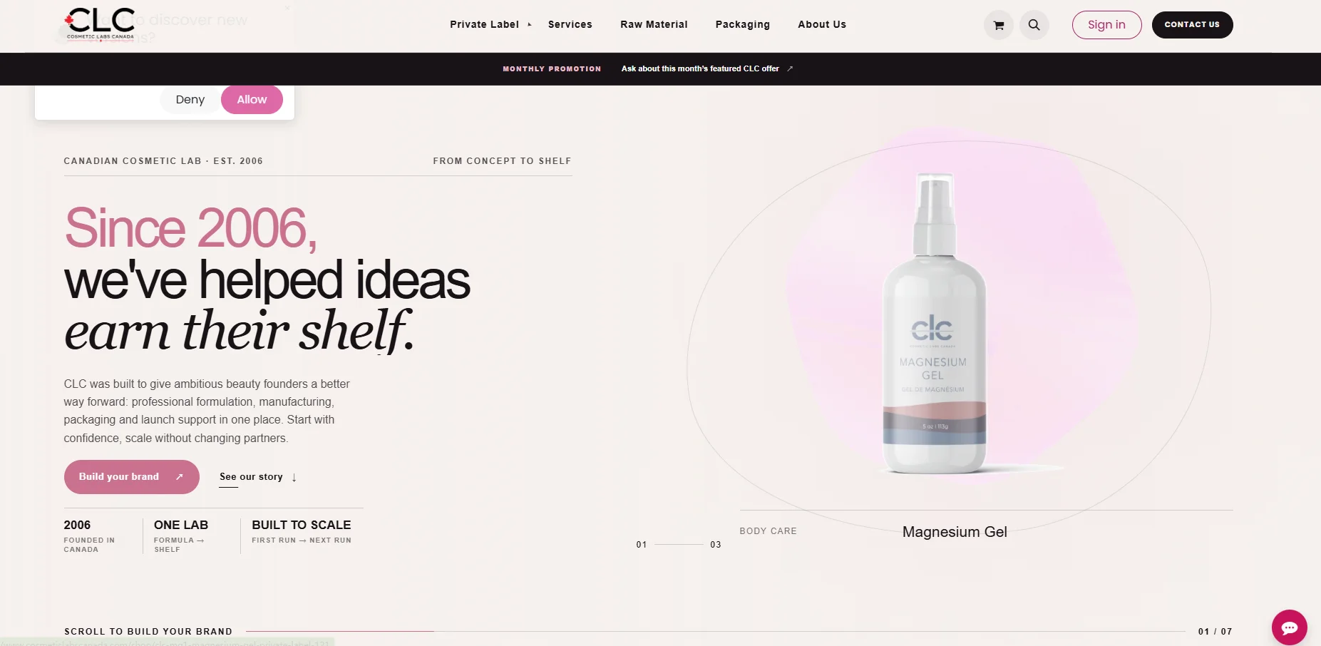 Halaman web Cosmetic Labs Canada yang menampilkan botol produk gel magnesium dengan tagline yang mempromosikan dukungan merek sejak tahun 2006.