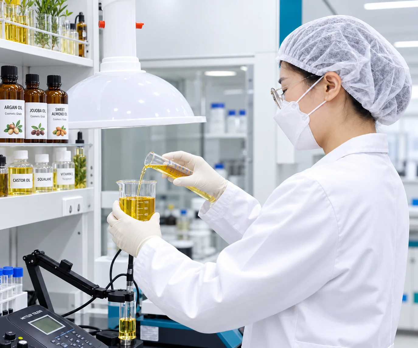Cosmetic formulation specialist working in a laboratory