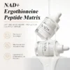 Two bottles of NAD+ Ergothioneine Peptide Matrix serum with creamy white liquid pouring over them, promoting skincare benefits like antioxidant action and wrinkle reduction.