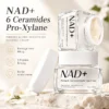 NAD+ firming and line-smoothing bandage cream packaging with product benefits including 6 ceramides, pro-xylane, and 5-peptide firming.