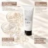NAD+ Energy Peptide Overnight Mask tube with details about triple-action collagen, NAD+ absorption, and dual-action brightening, shown with cosmetic ingredient samples in petri dishes.