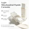 Two bottles of NAD+ mitochondrial peptide emulsion with product description highlighting skin foundation support, wrinkle reduction, and hydration. Cream smear shown.