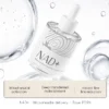 A skincare product labeled NAD+ Mitochondrial Peptide Microneedling Serum in a 50ml dropper bottle, designed for mitochondrial activation, deep transdermal replenishment, and fine line reduction. Shown with clear liquid droplets for a clean and hydrating presentation.
