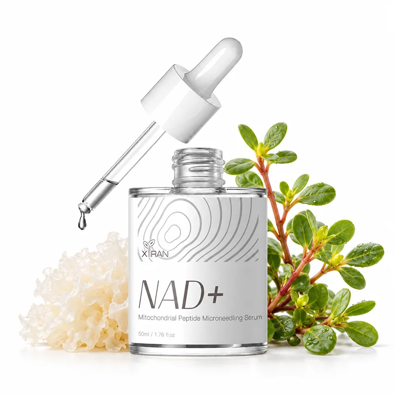 Close-up of NAD+ microneedling serum bottle with a dropper above, a green plant, and a white coral-like element in a clean white background.