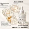 NAD+ mitochondrial peptide microneedling serum bottle next to bowls showcasing key ingredients like ergothioneine, SOD, nonapeptide-1, ectoin, oat β-glucan, and hyaluronate.