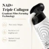 A skincare product bottle with an open cap, dispensing a creamy product, highlighting NAD+ triple collagen technology for fatigue reduction, skin revitalization, and absorption boosting.