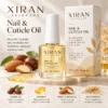 Xiran Skincare Nail & Cuticle Oil bottle and packaging, featuring natural ingredients like jojoba oil, vitamin E, sweet almond oil, and rice bran oil.