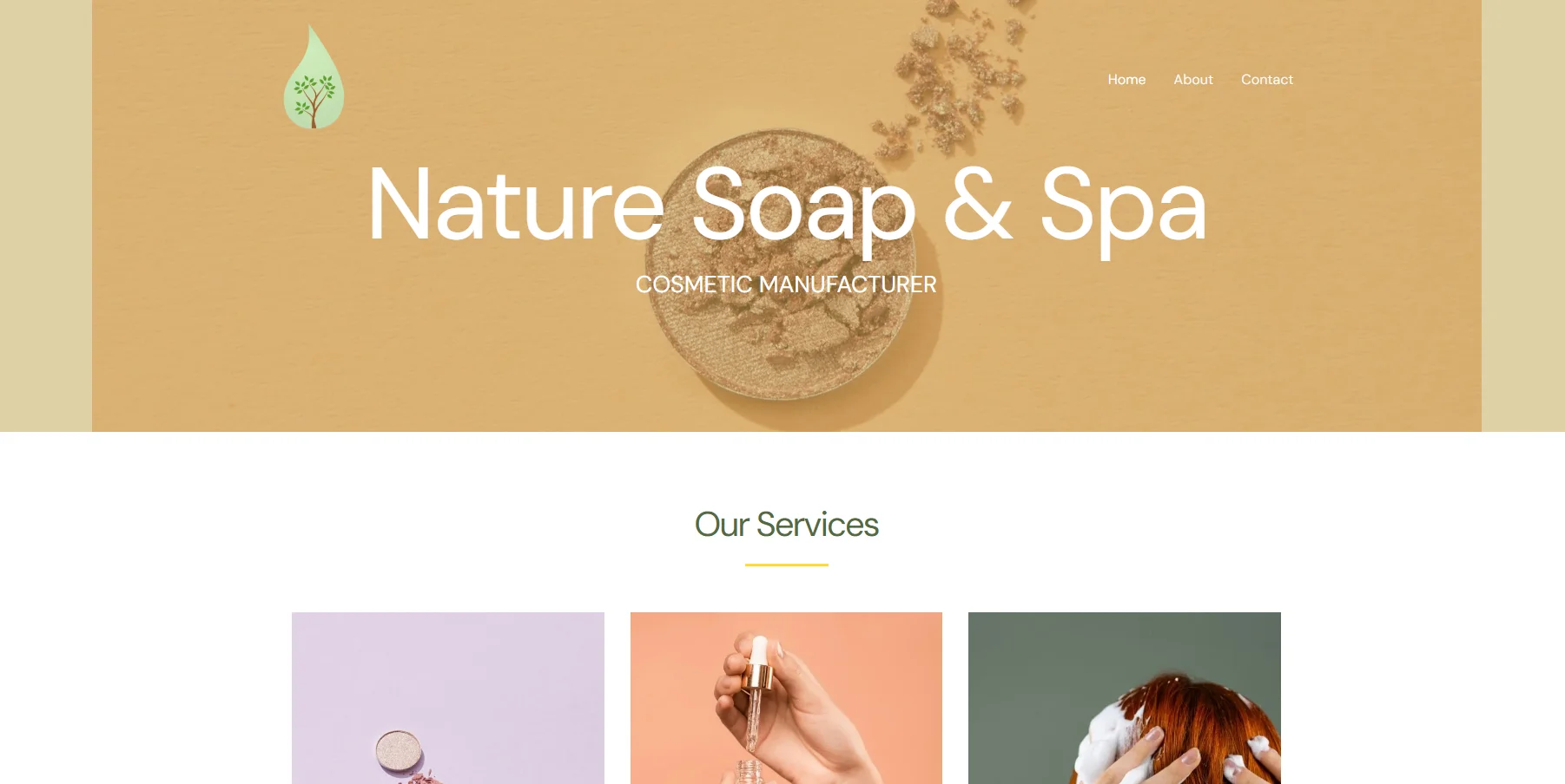 Desain halaman beranda Nature Soap & Spa menampilkan tata letak minimalis dengan latar belakang krem, logo, menu navigasi, dan bagian layanan dengan gambar produk perawatan kulit.