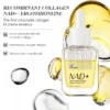 A bottle of recombinant collagen NAD+ oil essence with yellow and clear layers, highlighting features like oil-soluble collagen and mitochondrial oxygen infusion.
