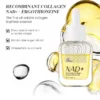 Image showcasing a bottle of recombinant collagen NAD+ oxygen-infusing oil essence with benefits like oil-soluble collagen, mitochondrial oxygen infusion, and skin nourishment.