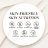 Visual list of skin-friendly product attributes including no aluminum, no alcohol, no baking soda, prebiotic-friendly, cruelty-free, vegan formula, and naturally clean.