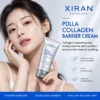 A woman with glowing skin holding XIRAN PDLLA Collagen Barrier Cream. The product details emphasize skin barrier support, hydration, and soothing benefits.