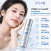Woman with glowing skin posing beside Xiran Skincare Collagen Renewal Ampoule. Highlights benefits like hydration, skin density, and reduced wrinkles.