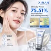 A woman applying XIRAN skincare PDLLA collagen barrier cream with product benefits listed and a 75.51% improvement in skin elasticity advertised.