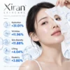 A young woman applying a Xiran PDLLA collagen boosting mask, showcasing hydration, wrinkle reduction, and skin benefits with text highlighting clinical results.